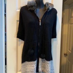 BCBG Maxazria long tunic sweater with faux fur hood